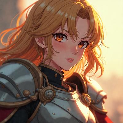 The primary subject of the image is a woman wearing a suit of armor. She is standing in front of a sunset, which serves as the setting/background. The visual style of the image is digital art, as it is a detailed and well-rendered illustration. The colors and mood of the image are warm and vibrant, with the sunset creating a sense of warmth and beauty.